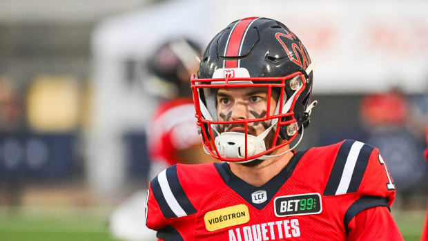 Jul 1, 2023; Montreal, Quebec, CAN; Montreal Alouettes safety Zach Lindley (18) looks on during warm-up before the game against the Winnipeg Blue Bombers at Percival Molson Memorial Stadium. Mandatory Credit: David Kirouac-USA TODAY Sports